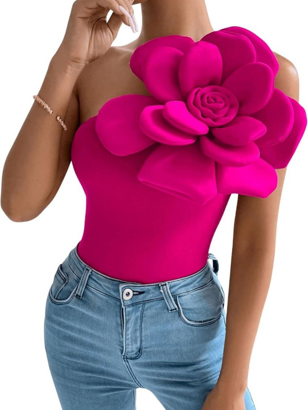 Stylish One Shoulder Sleeveless Slim Fit Top with 3D Floral Design for Women